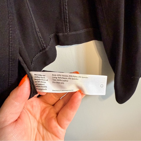 Eileen Fisher Black Open Front Jacket Leather Shoulder Trim Size Large - Picture 5 of 6